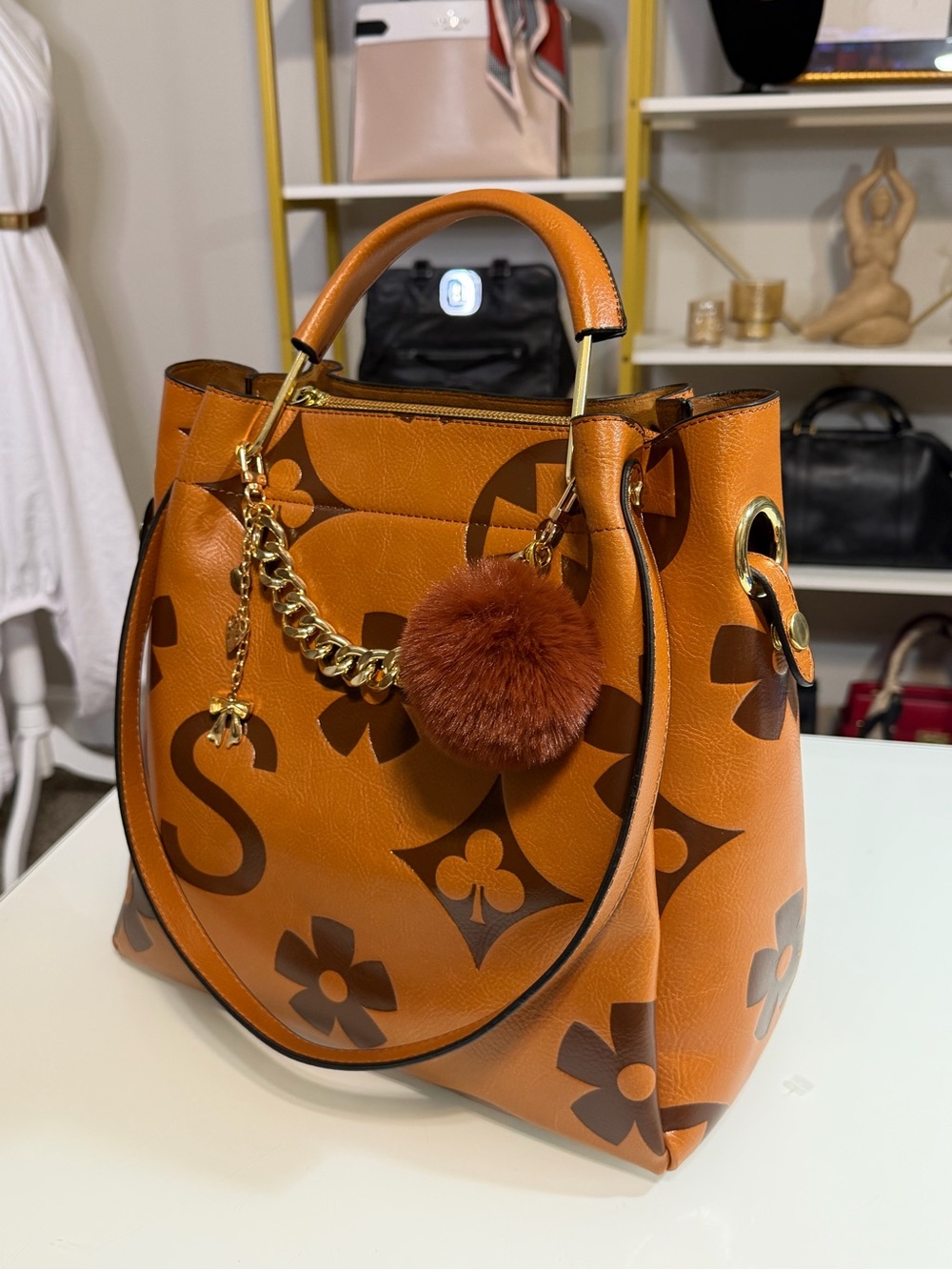 NWOT Travistar Floral Embossed Faux Leather Bucket Tote (Brown)